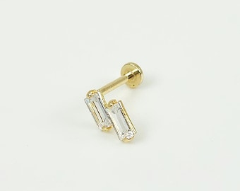 14K Solid Gold Tiny Double Baguette CZ Internally Threaded Labret Stud Earring, Tragus Stud Earring, Conch Stud, Flat Back Earring