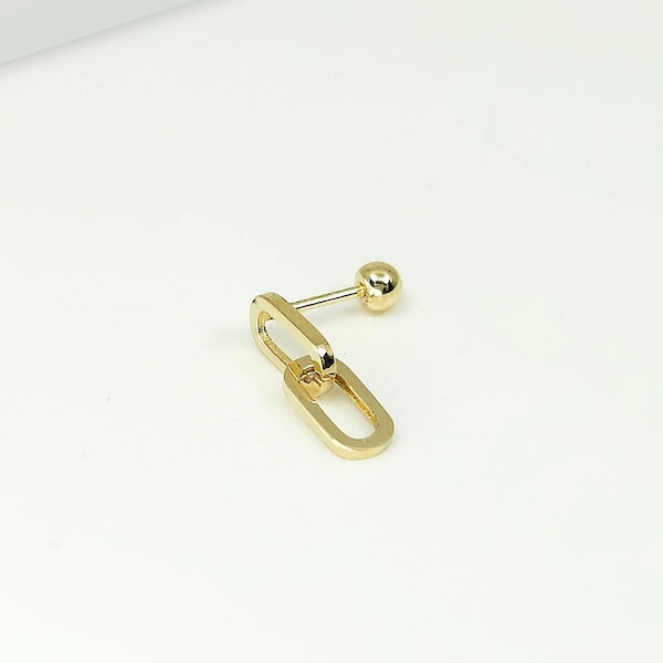 14K Solid Gold Double Chain Stud Earring, Mini Balls Screw Back, Single Stud Earring, Piercing Earring, Minimalist Earring