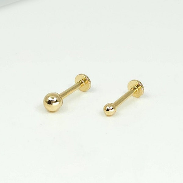 14K Solid Gold Tiny Ball Internally Threaded Labret Stud Earring, Tragus Stud Earring, Conch Stud, Tiny Earring, Flat Back Earring (18Gauge)