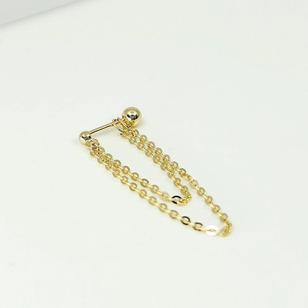 14k Solid Gold Double Chain Stud Earring, Threader Earrings, Drop Earring, Piercing Earring, Chain Earring, Dainty Earring
