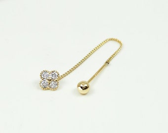 14k Solid Gold CZ Clover Threader Drop Earring, Long Threader Earrings, Stud Earring, Piercing Earring, Chain Earring, Dainty earring