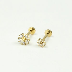 14K Solid Gold Dainty Flower CZ Internally Threaded Labret Stud Earring, Tragus Stud Earring, Conch Stud, Tiny Earring, Flat Back Earring