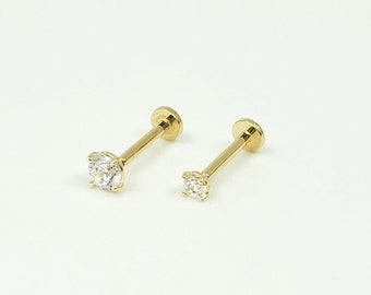 14K Solid Gold Tiny CZ Internally Threaded Labret Stud Earring, Tragus Stud Earring, Conch Stud, Tiny Earring, Flat Back Earring (18Gauge)