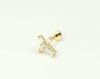 14K Solid Gold Tiny Cross Internally Threaded Labret Stud Earring, Tragus Stud Earring, Conch Stud, Tiny Earring, Flat Back Earring