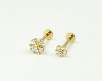 14K Solid Gold Dainty Flower CZ Internally Threaded Labret Stud Earring, Tragus Stud Earring, Conch Stud, Tiny Earring, Flat Back Earring