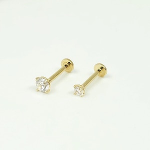 14K Solid Gold Tiny CZ Internally Threaded Labret Stud Earring, Tragus Stud Earring, Conch Stud, Tiny Earring, Flat Back Earring (18Gauge)