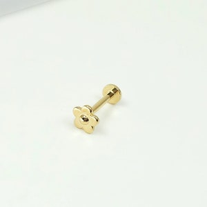 14K Solid Gold Tiny Flower Internally Threaded Labret Stud Earring, Tragus Stud Earring, Conch Stud, Tiny Earring, Flat Back Earring