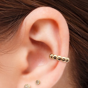 14K Solid Gold Ear Cuff No Piercing Bead Ball Design Wrap Earrings, Golden Beaded Cartilage Conch Helix No Piercing, Ear Cuff Wrap Earring
