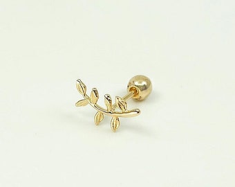 14K Solid Gold Leaf Stud Earring, Mini Balls Screw Back Single Stud Earring, Piercing Earring, Minimalist Earrings, Daily Earring