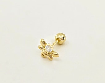 14K Solid Gold Tiny Bee CZ Stud Earring, Piercing Earring, Screw Back Single Stud Earring, Minimalist Earrings