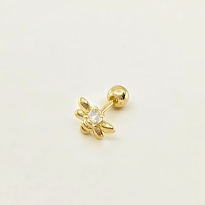 14K Solid Gold Tiny Bee CZ Stud Earring, Piercing Earring, Screw Back Single Stud Earring, Minimalist Earrings