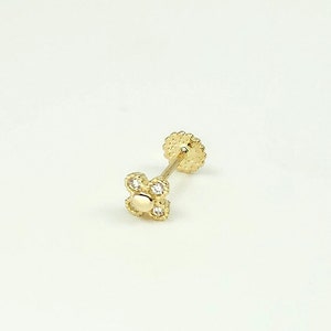 14K Solid Gold Tiny CZ Flower Shape Internally Threaded Labret Stud Earring, Tragus Stud Earring, Conch Stud, Flat Back Earring