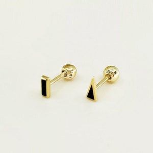 14k Solid Gold Tiny Black Rectangle, Triangle Stud Earring, Piercing Earring, Mini Balls Screw Back Single Stud Earring, Daily Earring