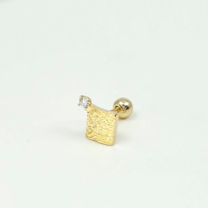 14K Solid Gold Texture Square CZ Stud Earring, Piercing Earring, Mini Balls Screw Back, Single Stud Earring, Minimalist Earrings