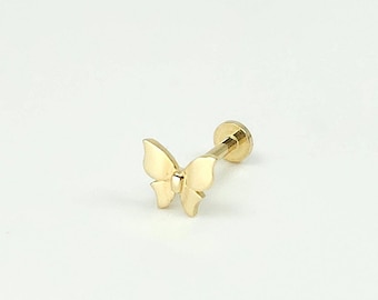 14K Solid Gold Tiny Butterfly Internally Threaded Labret Stud Earring, Tragus Stud Earring, Conch Stud, Tiny Earring, Flat Back Earring
