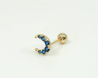 14K Solid Gold Blue Crescent CZ Stud Earring, Piercing Earring, Mini Balls Screw Back, Single Stud Earring, Minimalist Earrings