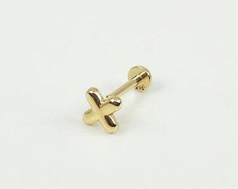 14K Solid Gold Tiny X Cross Internally Threaded Labret Stud Earring, Tragus Stud Earring, Conch Stud, Tiny Earring, Flat Back Earring