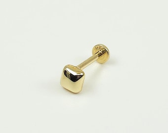 14K Solid Gold Tiny Square Internally Threaded Labret Stud Earring, Tragus Stud Earring, Conch Stud, Tiny Earring, Flat Back Earring