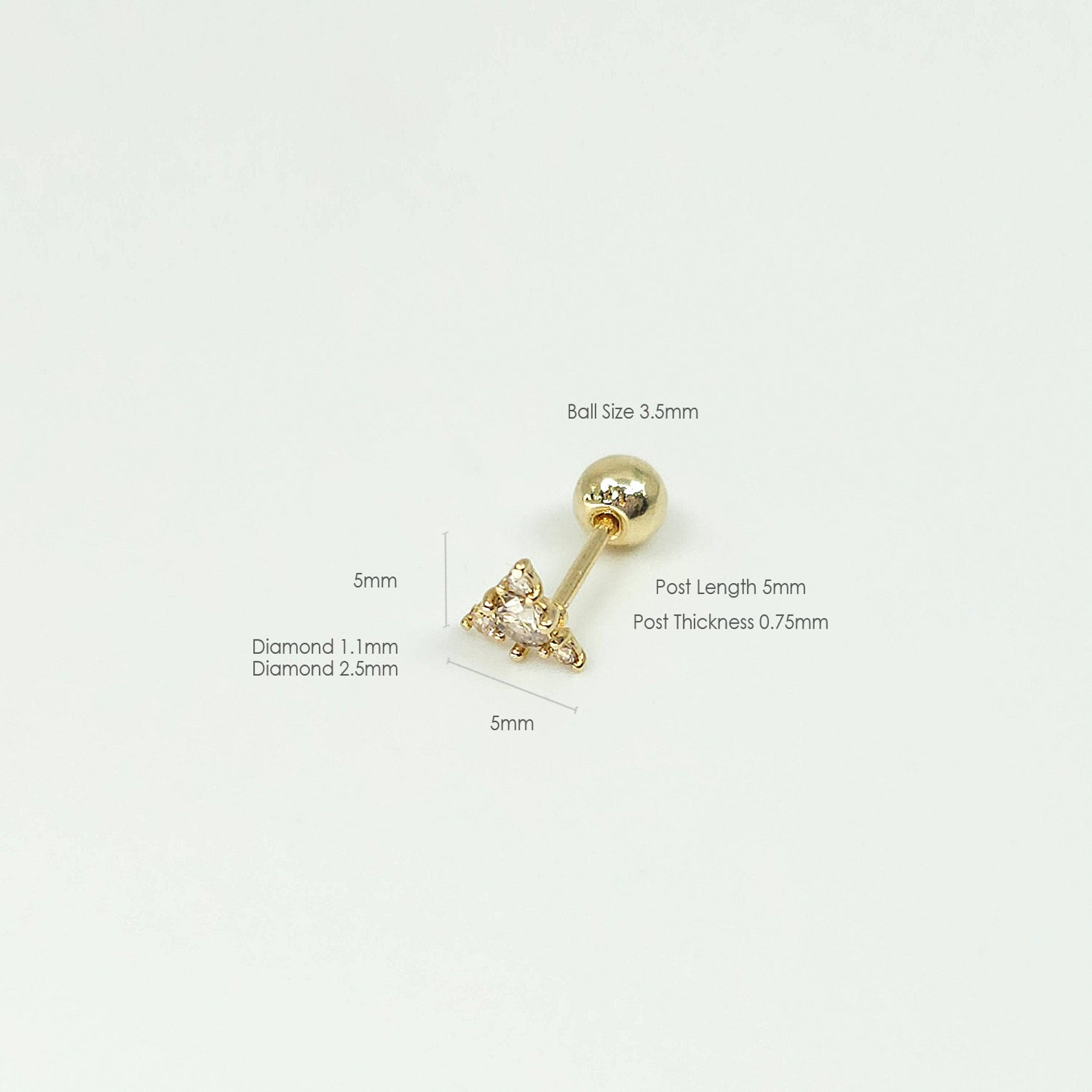 14K Solid Gold Rough Diamond Triangle Stud Earring, Mini Balls Screw ...