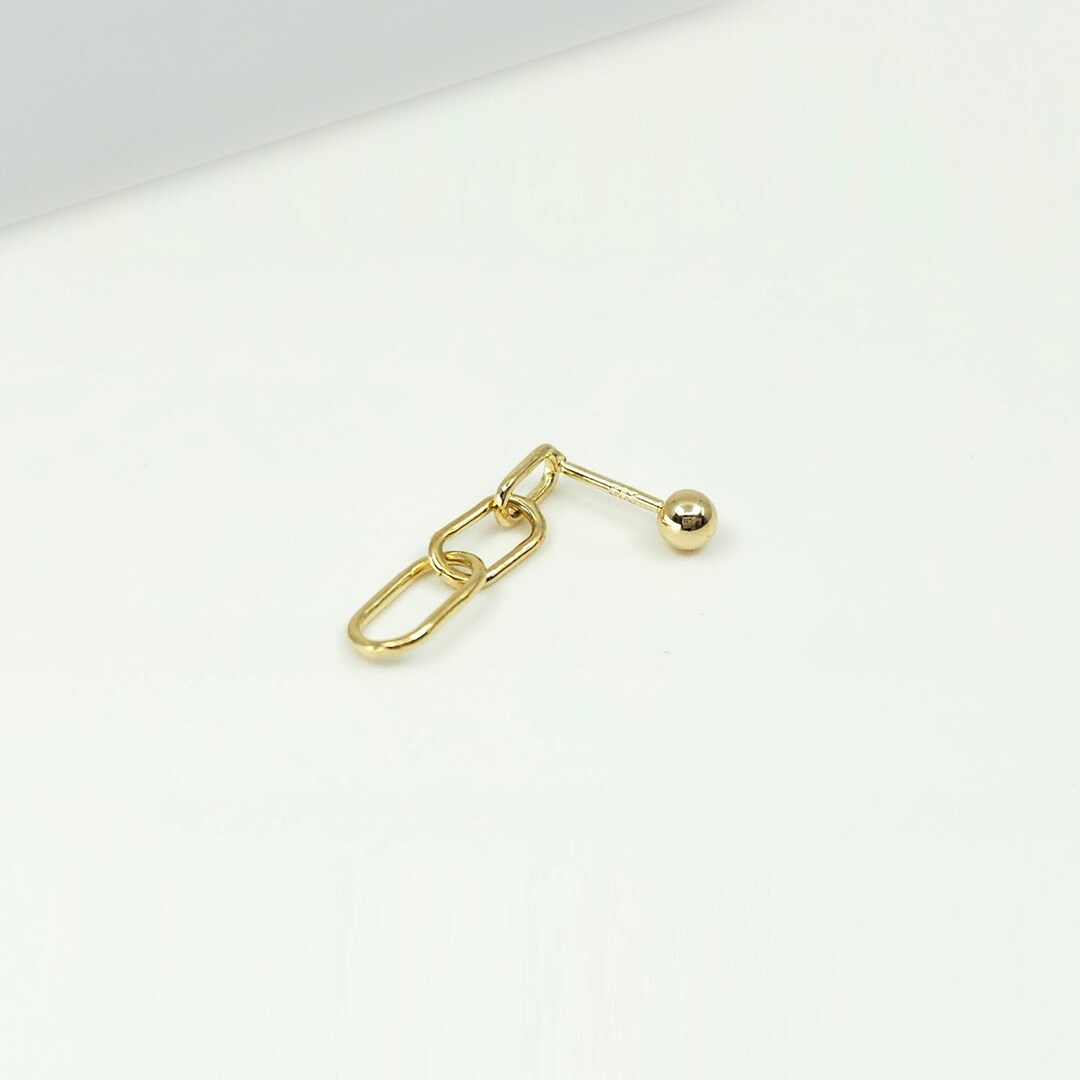 14K Solid Gold Chain Stud Earrings, Mini Balls Screw Back, Single Stud