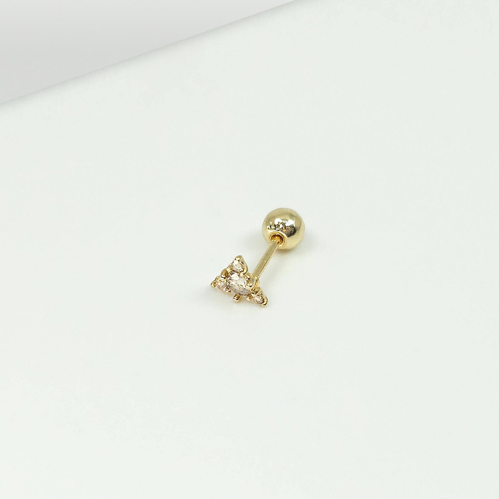 14K Solid Gold Rough Diamond Triangle Stud Earring, Mini Balls Screw ...