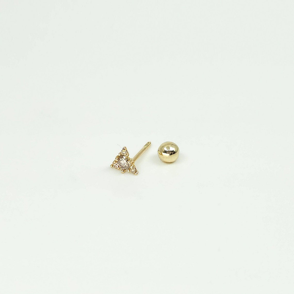 14K Solid Gold Rough Diamond Triangle Stud Earring, Mini Balls Screw ...