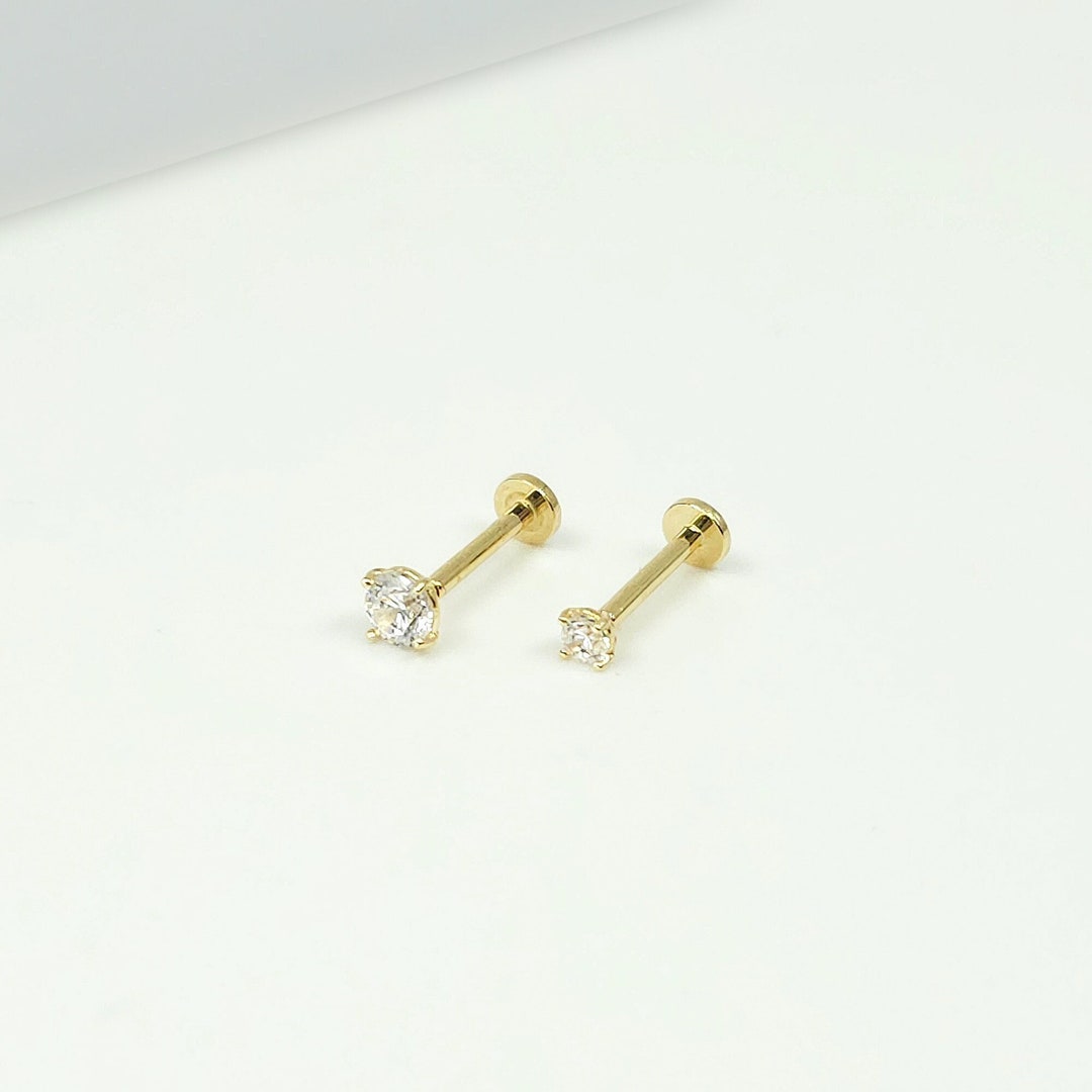 ◆STONEHENgE◆ 14K Cubic Piercing SA24BA8T Single 14K Solid Gold Tiny CZ Internally Threaded Labret Stud