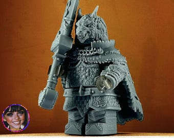 May include: A gray, detailed, 3D printed figurine of a wolf-like creature wearing armor and holding a large sword. The figurine is a miniature figure, likely for a tabletop game or collectible.