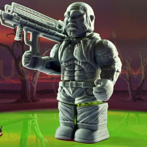 May include: A gray action figure of a muscular character holding a large weapon. The figure has a stern expression and is set against a surreal background with a green pool and barren trees. The word "DUMPLING" is on the bottom left.