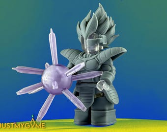 May include: A gray and white action figure of a character with spiky hair holding a purple and white weapon. The figure is wearing a gray and white armor with a clear plastic helmet.