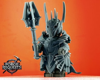 May include: A gray and black Lego minifigure of a character wearing a horned helmet and armor, holding a staff with a double-headed spear. The figure is standing on a black base.