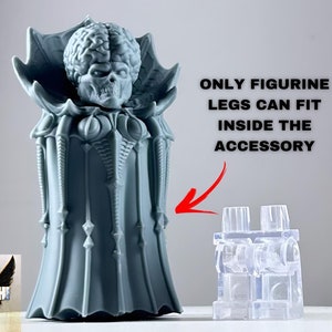 Puede incluir: Una figura gris de plástico impresa en 3D de una criatura con un cerebro grande y una capa. La figura está de pie sobre una superficie blanca. Un accesorio de plástico transparente se muestra a la derecha de la figura. El texto "ONLY FIGUREINE LEGS CAN FIT INSIDE THE ACCESSORY" está escrito en texto negro sobre un fondo blanco.