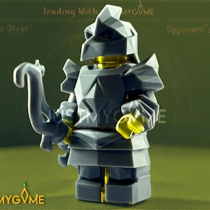 May include: A gray Lego-style figurine of a knight, holding a bow. The figure has gold accents on the neck, hands, and feet. The background is a gradient of green and yellow with text that reads "Trading With" and "JUSTMYGVME".