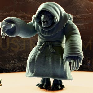 May include: A light blue figurine of a hooded creature with sharp teeth and clawed feet. The figure is wearing a robe tied at the waist. The background has the text "JUST ME" and a small cartoon character.
