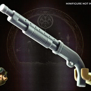 May include: A gray plastic toy shotgun with a ribbed pump and a cylindrical barrel. The image includes a small figure holding the gun. The text "MINIFIGURE NOT INCLUDED" is visible in the top right corner.