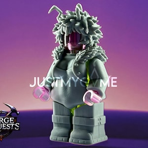 Könnte beinhalten: Eine graue und weiße Lego-Minifigur mit einem rosa Gesicht und einem grün-weißen Pelzkragen. Die Minifigur hat eine stachelige Frisur und trägt ein graues und weißes Outfit.