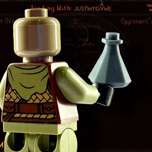 May include: A Lego minifigure wearing a brown and green outfit holding a gray potion bottle. The minifigure is facing away from the camera. The background is a red and black digital pattern with the text "Trading With: JUSTMYGAME" and "Opponent's Offer".