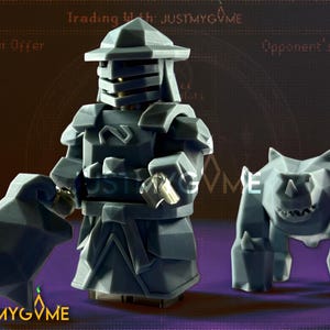 May include: A grey, geometric figurine of a warrior with a helmet, armour, and a weapon, accompanied by a matching beast figure. The figures have a faceted design and are set against a dark background.