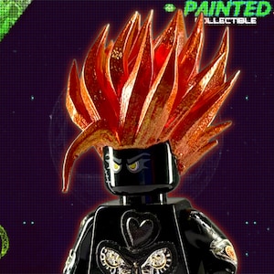 May include: A black Lego minifigure with a red and orange spiky hairpiece. The minifigure is wearing a black shirt with a silver and black heart design. The text "PAINTED COLLECTIBLE" is visible in the background.