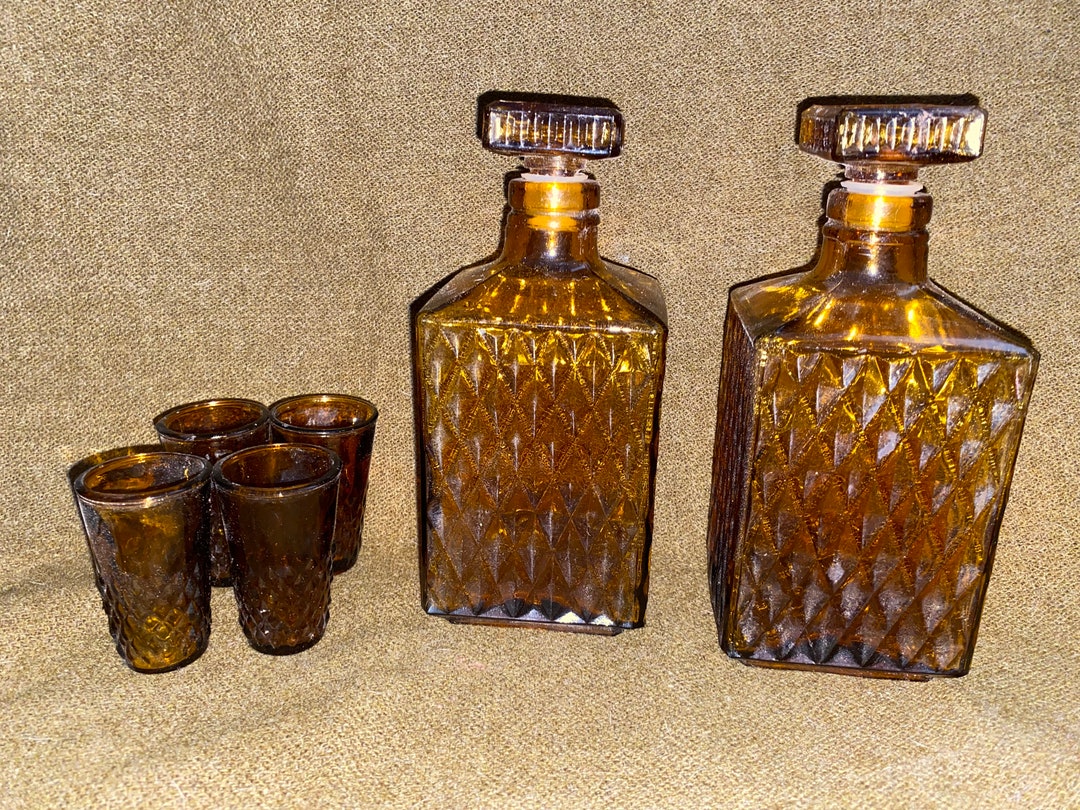 Vintage Amber Glass Decanter and Shot Glass Set Midcentury Etsy