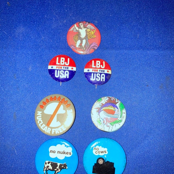 Vintage Vietnam War era LBJ, peace, anti nuclear pins lot of 7