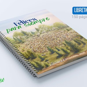 Può includere: Un quaderno a spirale con un'illustrazione di paesaggio e il testo "Felices para Siempre" in blu e verde. Il quaderno presenta anche il testo "ASAMBLEA REGIONAL 2026" e "LIBRETA DIGITAL 150 páginas | PDF".