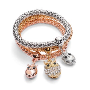 Pandora charm stretch bracelet set of three, Owl charm stretch bracelet set, Bracelet set comes yellow silver rose gold color, Free gift box