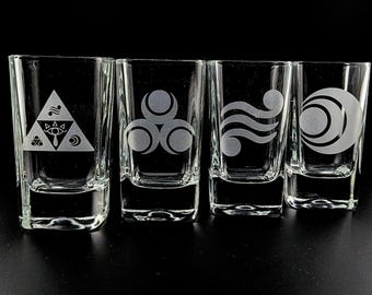 Personalized Zelda Shot Glasses | 3oz with Triforce & Goddess Symbols | Farore, Din, Naryu + Triforce
