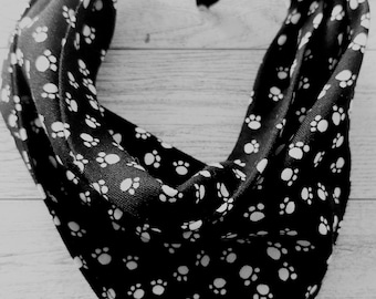 Black Paw Print Dog Bandana | Tie-On Pet Bandana | Cotton Dog & Cat Bandana | Paw Print Pet Accessory | Handmade Pet Gift (S–XL)