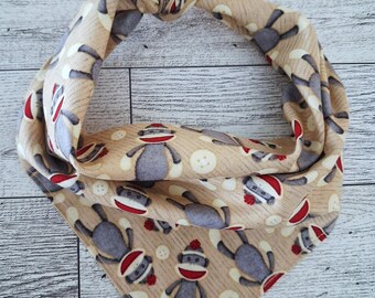 Sock Monkey Dog Bandana | Handmade Cotton Pet Bandana | Tie-On Dog Bandana (S–XL)
