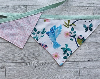 Reversible Cotton Dog Bandana | Pink Floral, Blue Birds Pet Accessory | Cute Dog Mom Gift  (S–XL)