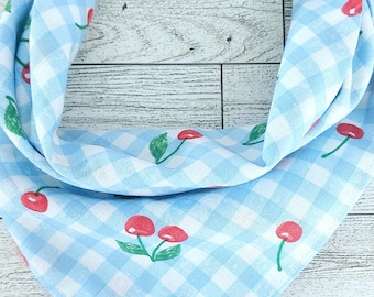 Blue Gingham Cherry Dog Bandana | Personalized Pet Bandana | Hand Embroidered Name | Cotton Cherry Dog Bandana | Tie-On Dog Bandana (S–XL)