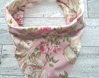 Vintage Tea Party Dog Bandana | Personalized Pet Bandana | Hand Embroidered Name | Floral Dog Scarf | Pink Tie-On Dog Bandana (S–XL)