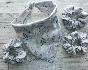 Gray Floral Dog Bandana | Matching Dog & Owner Scrunchie | Personalized Pet Bandana | Hand Embroidered Name | Tie On Dog Bandana (S–XL)